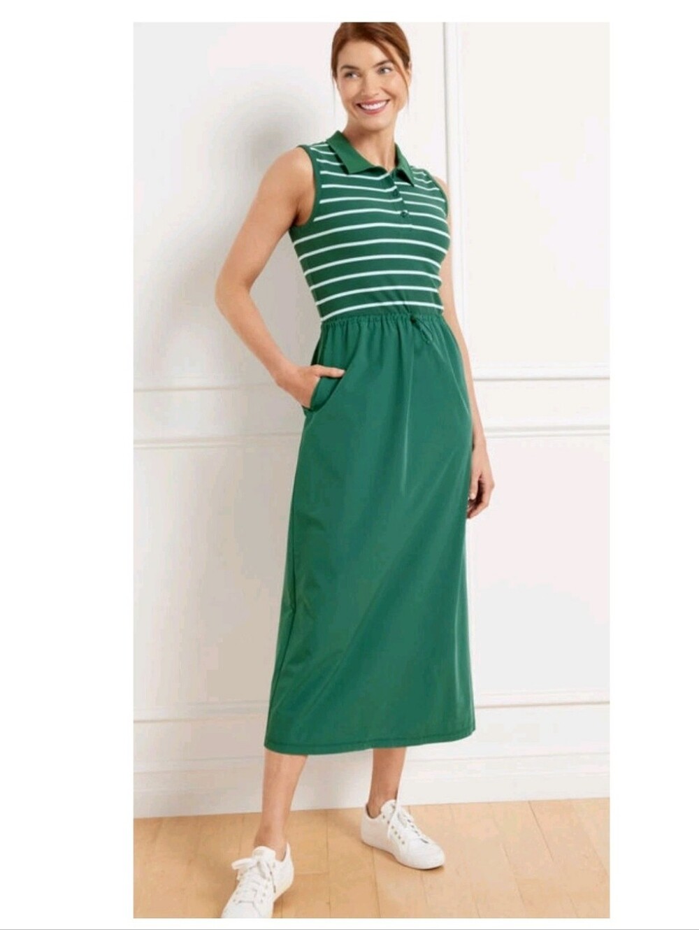 T By Talbots XL Striped Mixed Media Sleeveless Polo Maxi Dress Adjustable Waist